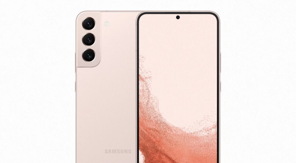 Smartphone Galaxy S22 in Pinkgold von vorne und hinten vor weißem Hintergrund