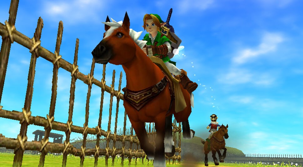 Der Videospielheld Link reitet auf einem Pferd