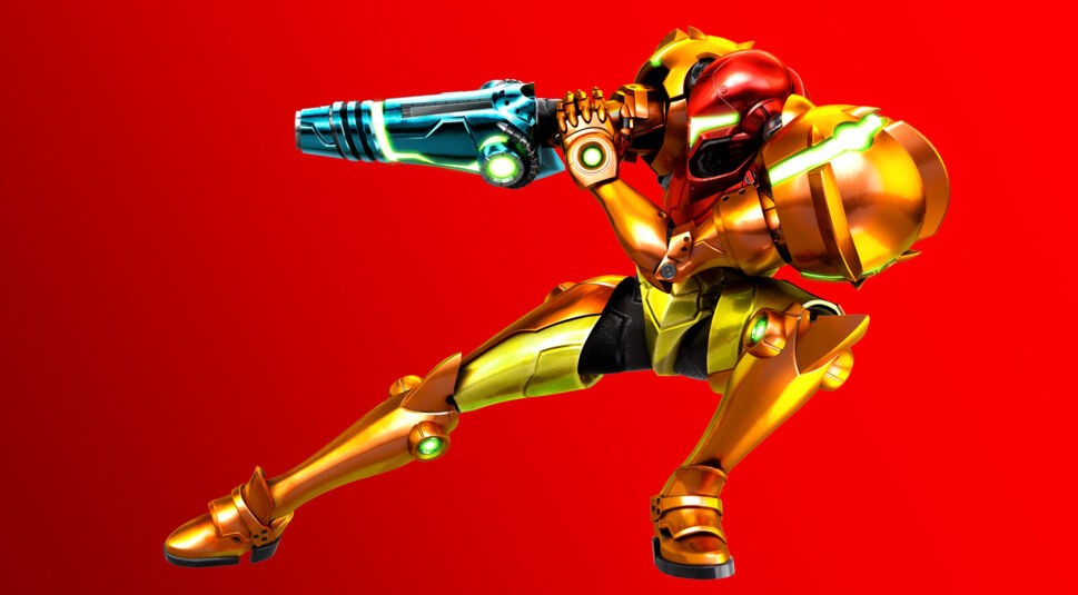 Samus Aran vor einem roten Hintergrund
