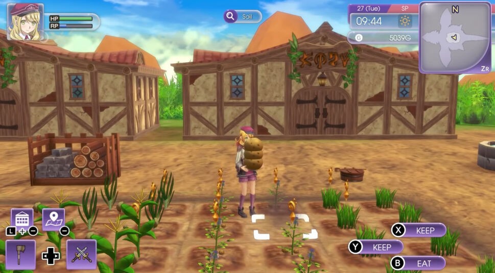 Die Protagonistin sammelt Kartoffeln auf ihrem Feld in Rune Factory 5
