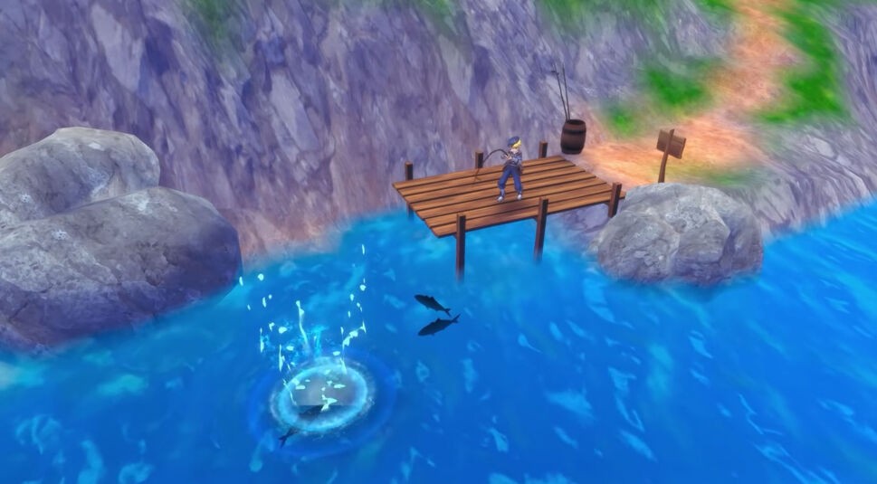 Der Protagonist steht am Steg und angelt in Rune Factory 5 einen Fisch