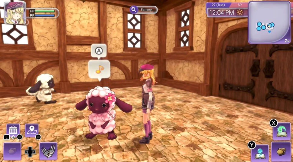 Die Protagonistin steht im Stall mit einem rosa Vliesie