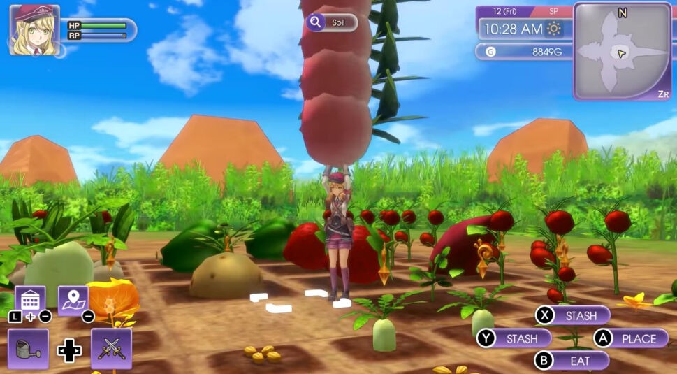 Die Protagonistin steht in Rune Factory 5 auf einem Feld, ist von etlichen Sternfall-Feldfrüchten umgeben und hat noch welche in der Hand