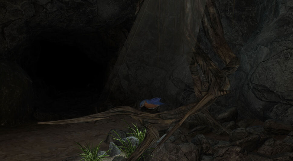 Ein Vogel sitzt auf einem Ast, der vor der Öffnung einer Höhle liegt im Spiel Colossal Cave Adventure 3D