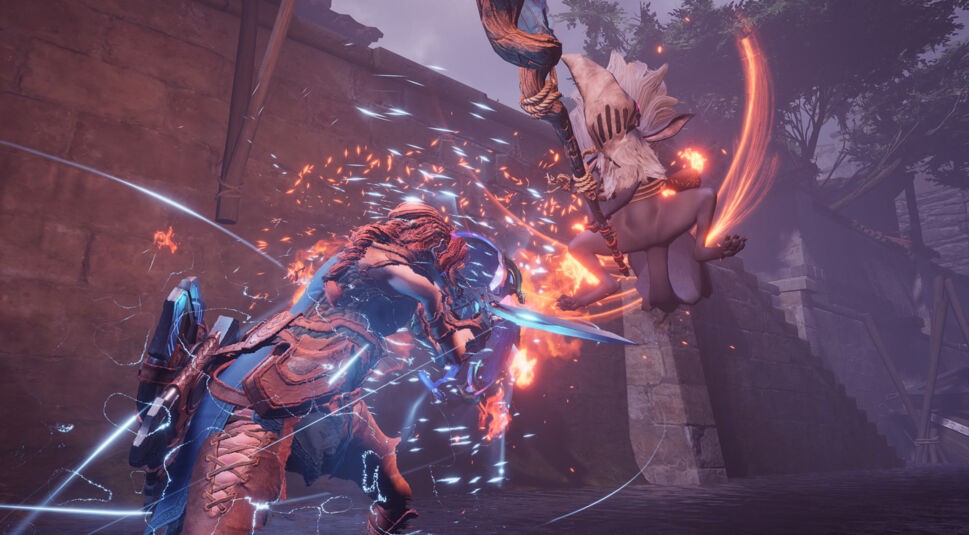 Hilda im Kampf mit Schild und Schwert 