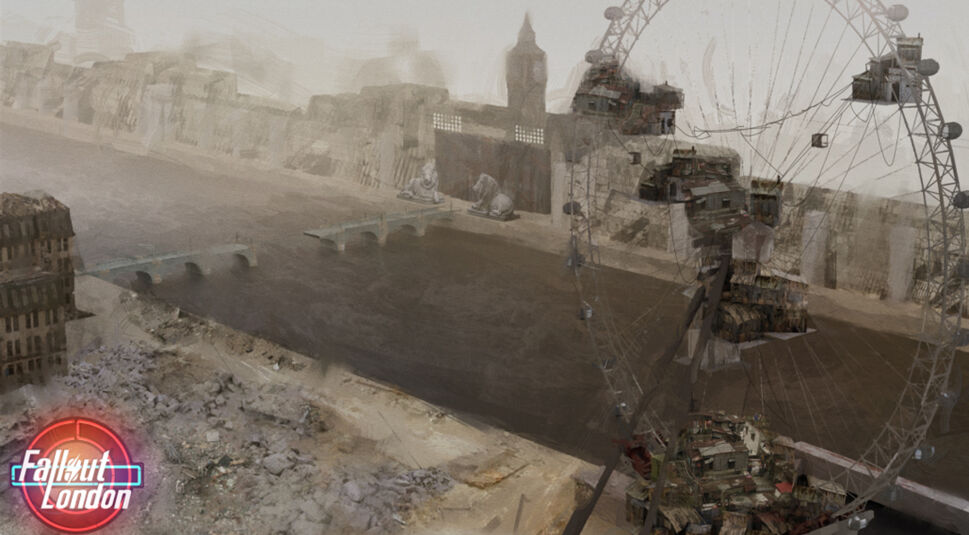 Blick auf das London Eye in einer postapokalyptischen Stadt.