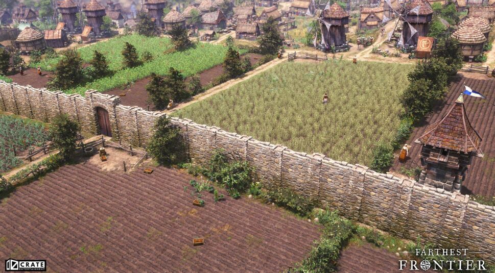Aufbau einer Stadtmauer im Spiel Farthest Frontier