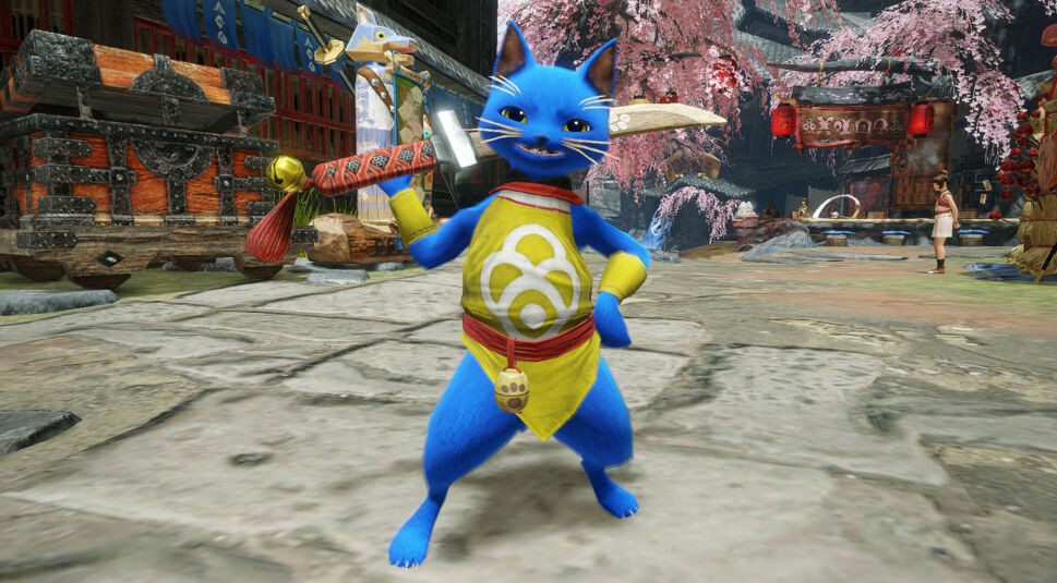 Ein Katzen-Wesen hält ein Schwert im Spiel Monster Hunter Rise