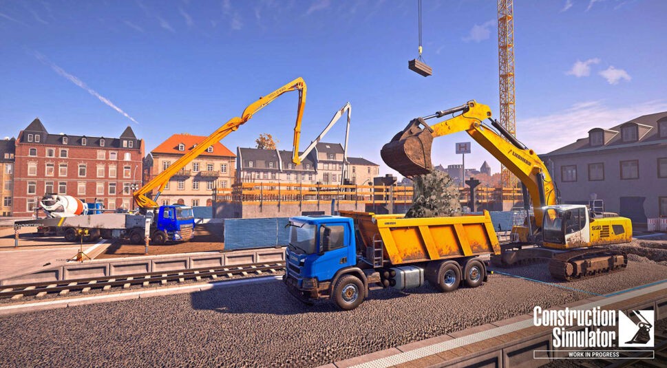 Ein LKW wird von einem Bagger mit Sand befüllt im Spiel Bausimulator