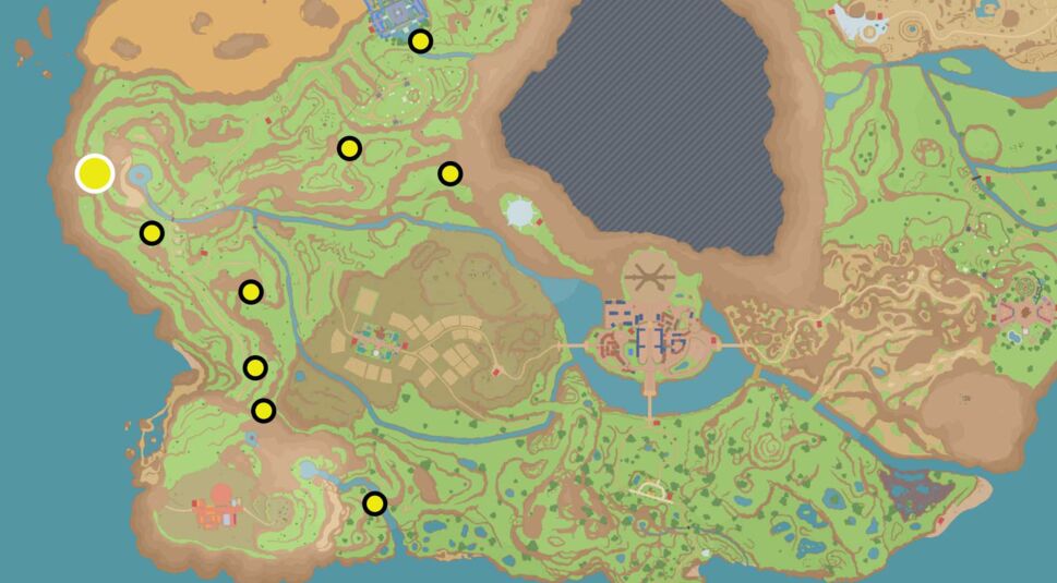 Die Paldea-Karte mit eingezeichetem Fundort des Pokémon Baojian und der Pfähle in Karmesin und Purpur