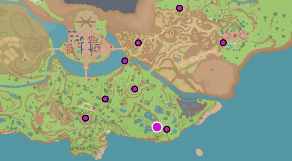 Die Paldea-Karte mit eingezeichetem Fundort des Pokémon Chongjian und der Pfähle