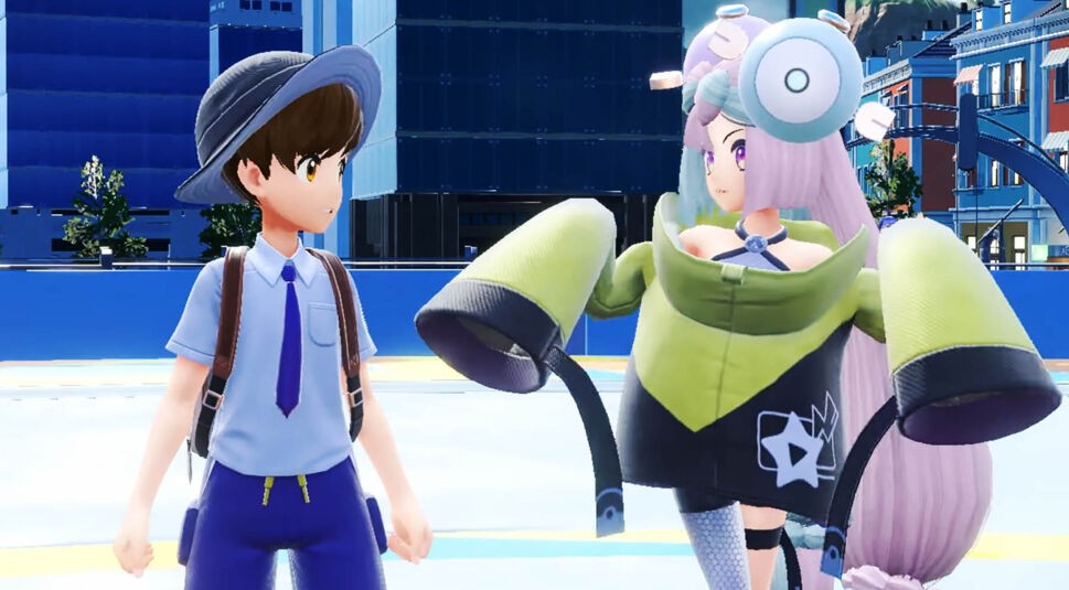 Der Protagonist und die Arenaleiterin Enigmara in Pokémon Karmesin und Purpur