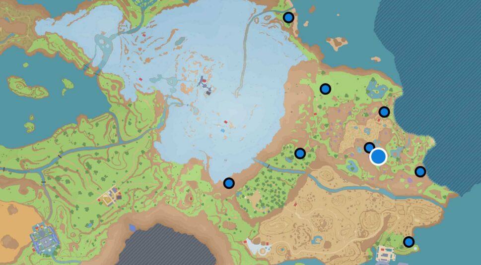 Die Paldea-Karte mit eingezeichetem Fundort des Pokémon Yuyu und der Pfähle in Karmesin und Purpur