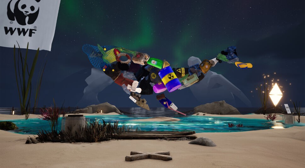Wal aus Plastik im WWF-Metaverse-Projekt bei Nacht