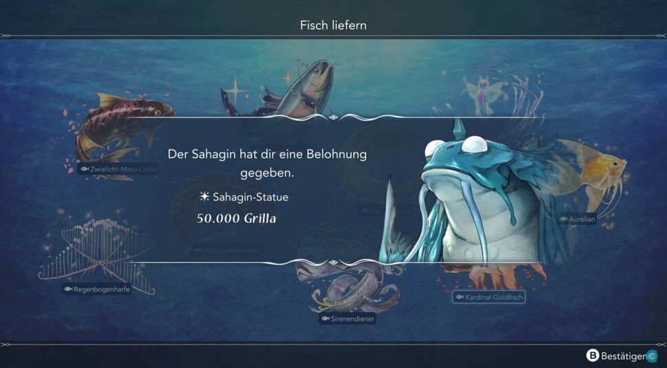Das Belohnungsfenster für die Abgabe seltener Fische in Harvestella