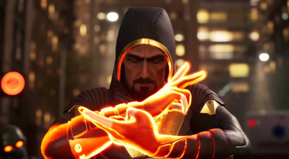 Doktor Strange wirkt einen Feuerzauber und dabei leuchten seine Hände rot