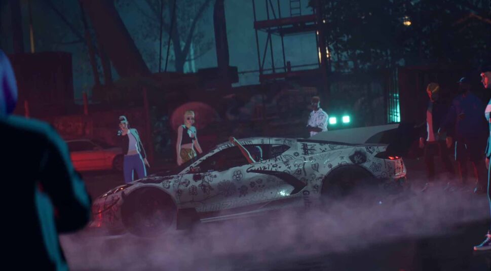 Ein Fahrzeug führt einen Burnout im Kreis aus