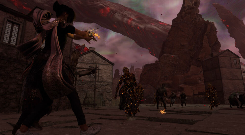 Frey nutzt ihren Armreif, um ihre Zauberkräfte in Forspoken gegen verwandelte Kreaturen einzusetzen