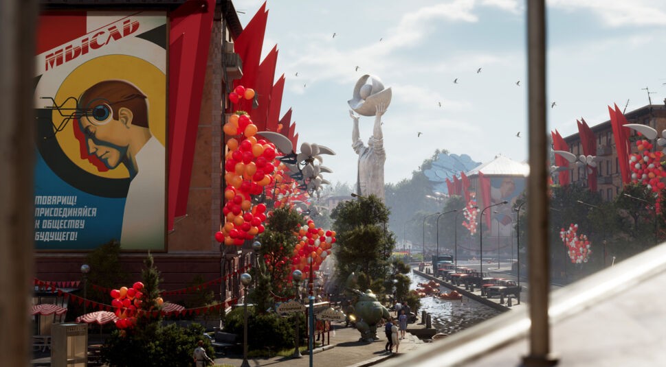Die schwebende Stadt Tschelomei ist für Festivitäten mit roten Luftballons geschmückt im Spiel Atomic Heart