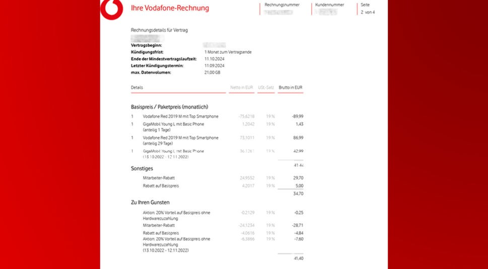 Eine Mobilfunkrechnung von Vodafone 
