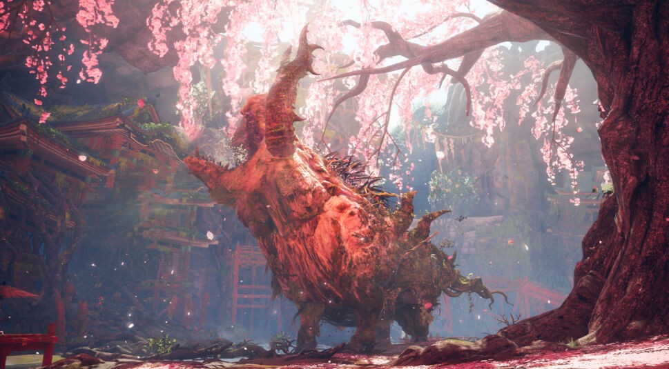 Das furchterregende Kemono Floragrunzer brüllt in einem rosa gefärbten Wald