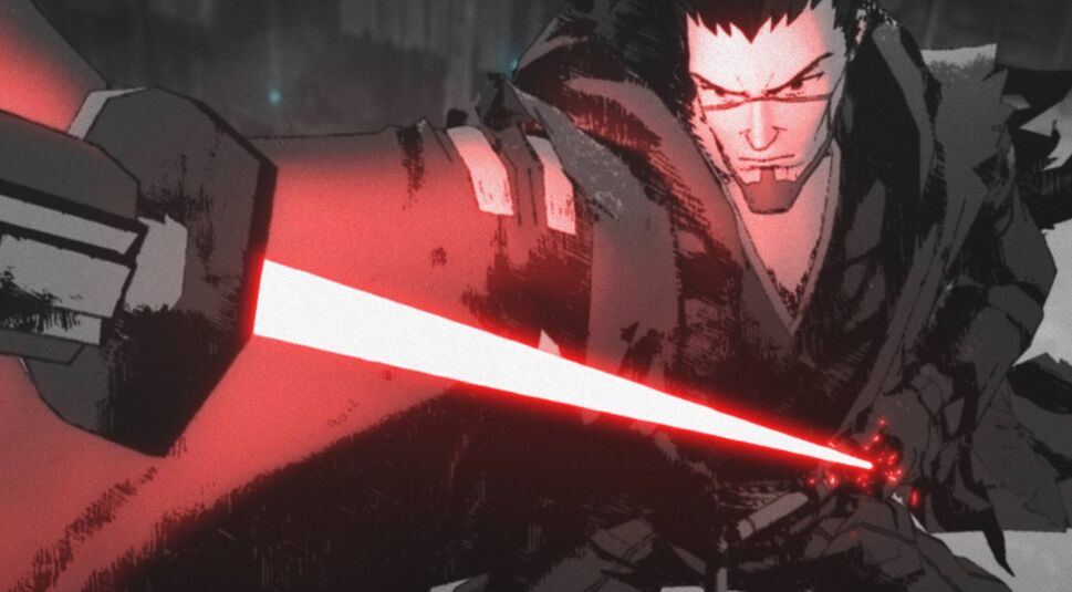 Mann mit Lichtschwert in rot