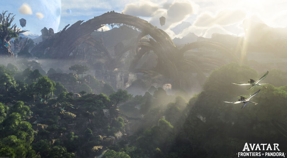 Zwei Na'vi fliegen über die Landschaft von Pandora.