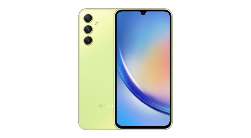 Das Smartphone Galaxy A34 5G in der Farbe Limone vor weißem Hintergrund