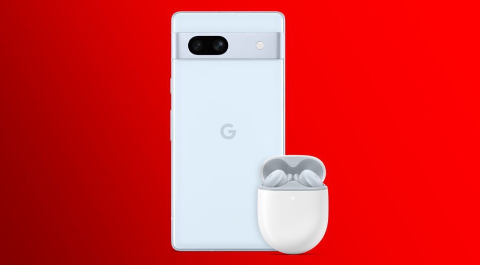 Google Pixel 7a und die Google Pixel Buds A-Series in einem Bundle in der Farbe Blue.