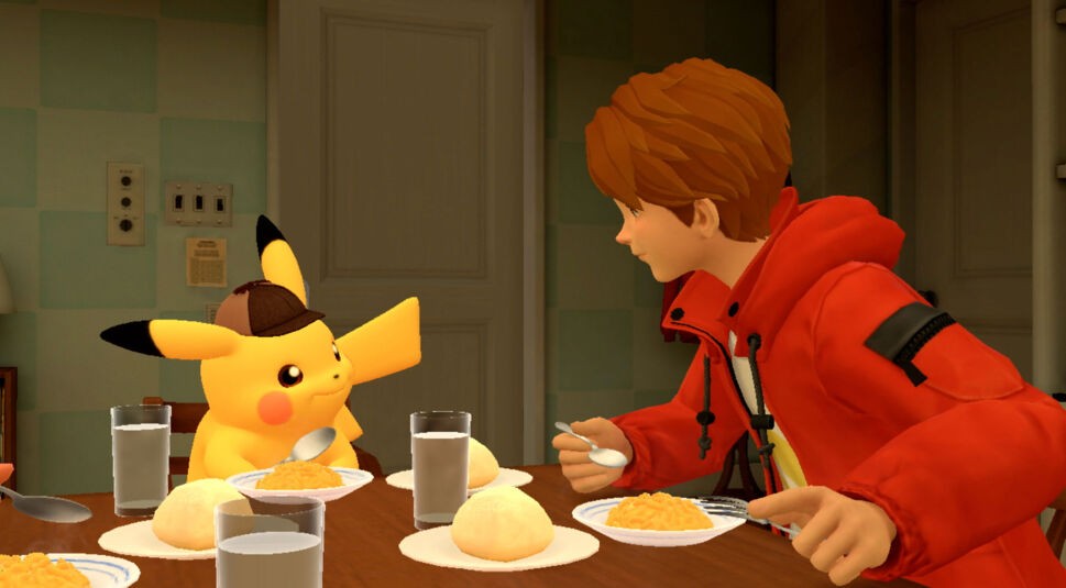 Meisterdetektiv Pikachu und sein Partner Tim Goodman sitzen gemeinsam am Tisch und essen