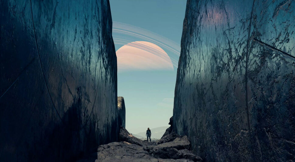 Ein Mann erkundet auf einem Planeten die Gegend