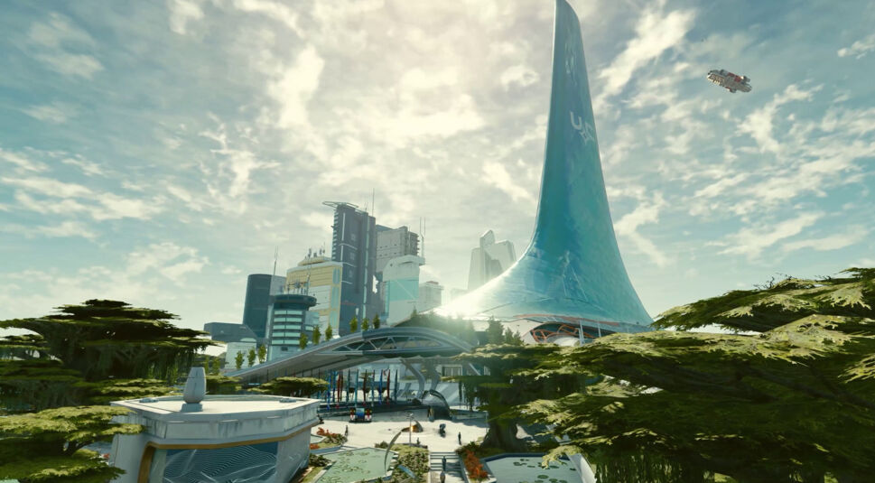 Die Kulisse der Stadt New Atlantis aus Starfield