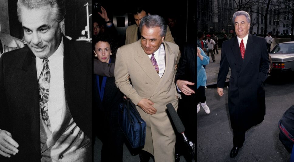 John Gotti: Drei Bilder zeigen einen adrett gekleideten älteren Mann in Anzug und Trenchcoat und in Begleitung mehrerer Frauen und Männer. 