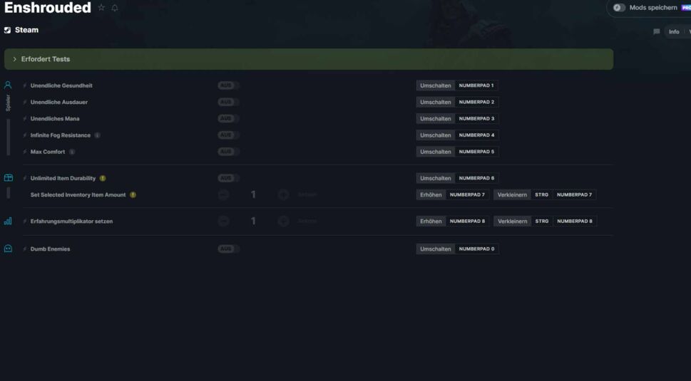Das WeMod-Interface für Cheats in Enshrouded
