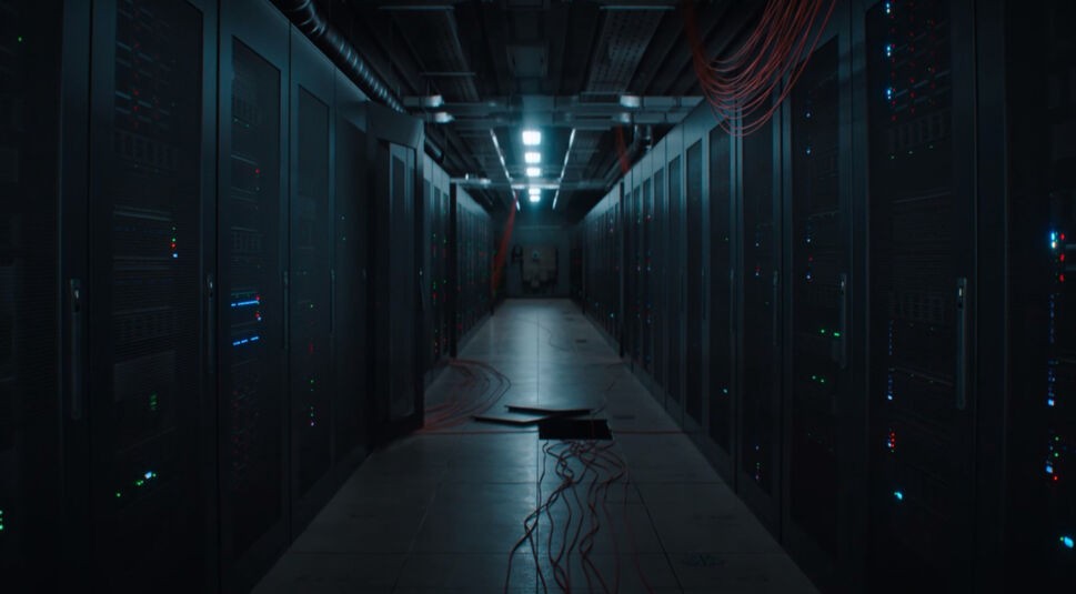 Cyberbunker bei Netflix:  Eine Server-Anlage in einem dunklen Korridor. Am Boden und an der Decke verlaufen rote Kabel. 