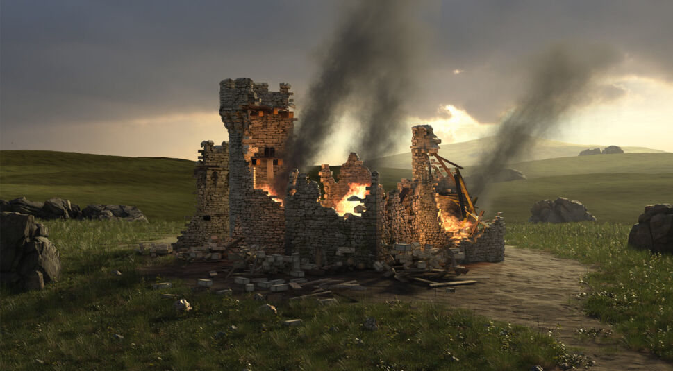 Eine Burg aus Stronghold: Definitive Edition steht in Flammen vor einer grünen Wiese