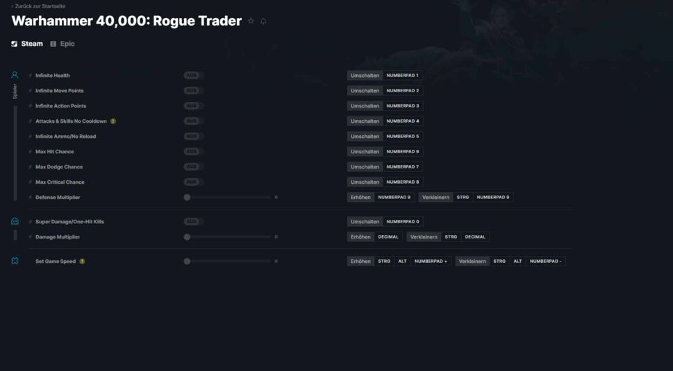 Das Interface des WeMod-Trainers