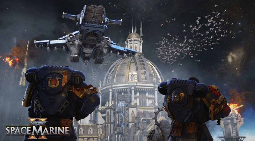 zwei Space Marine vor der Spielkulisse