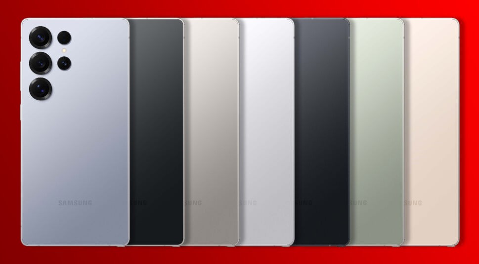 Das Samsung Galaxy S25 Ultra in allen sieben Farbvarianten vor rotem Hintergrund