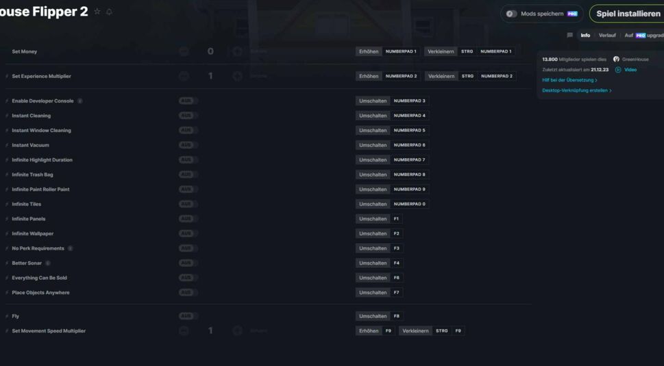 Die Cheats vom WeMod-Trainer für House Flipper 2