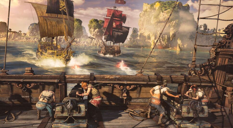 Pirat:innen schießen mit Kanonen auf andere Piratenschiffe