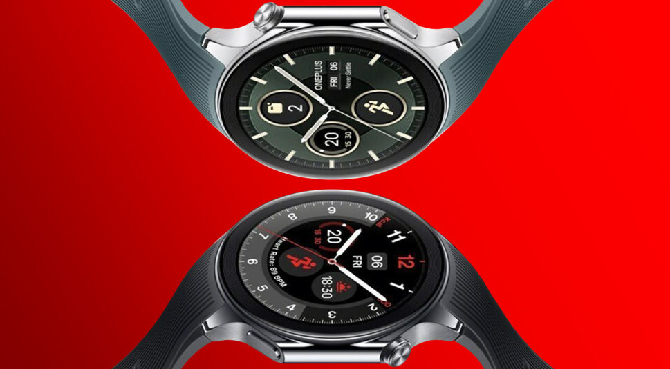 Zwei Versionen der Smarwatch OnePlus Watch 2 in Schwarz und Silber wie vertikal gespiegelt vor rotem Hintergrund