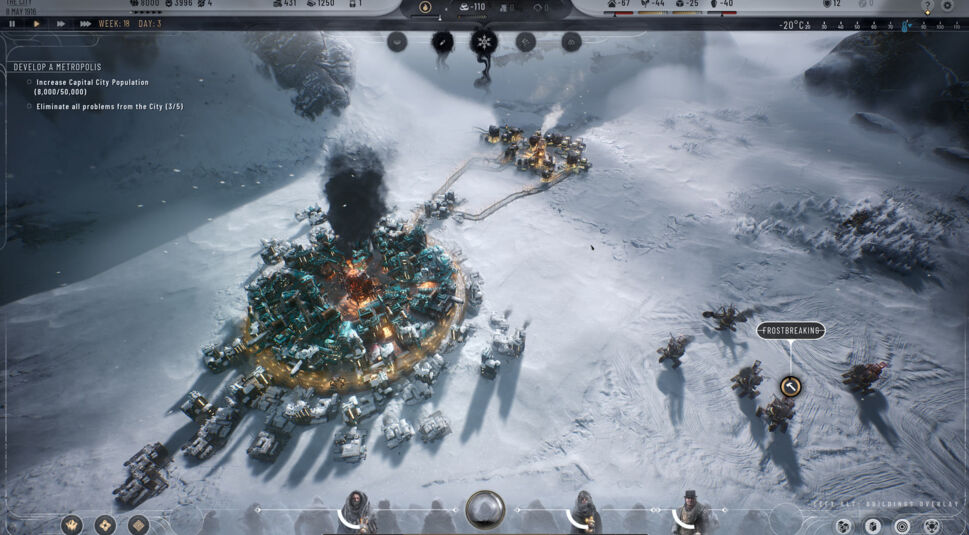 Auf dem Bild im Test zu Frostpunk 2 ist ein Screenshot vom Start des Spiels zu sehen. Eine verschneite, kleine Stadt.