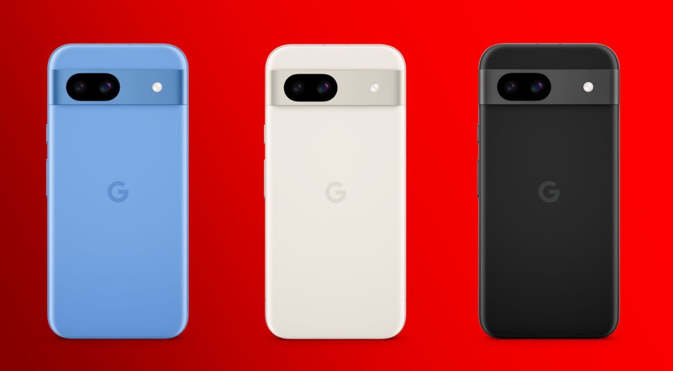 Alle Farbvarianten des Google Pixel 8a nebeneinander aufgereiht