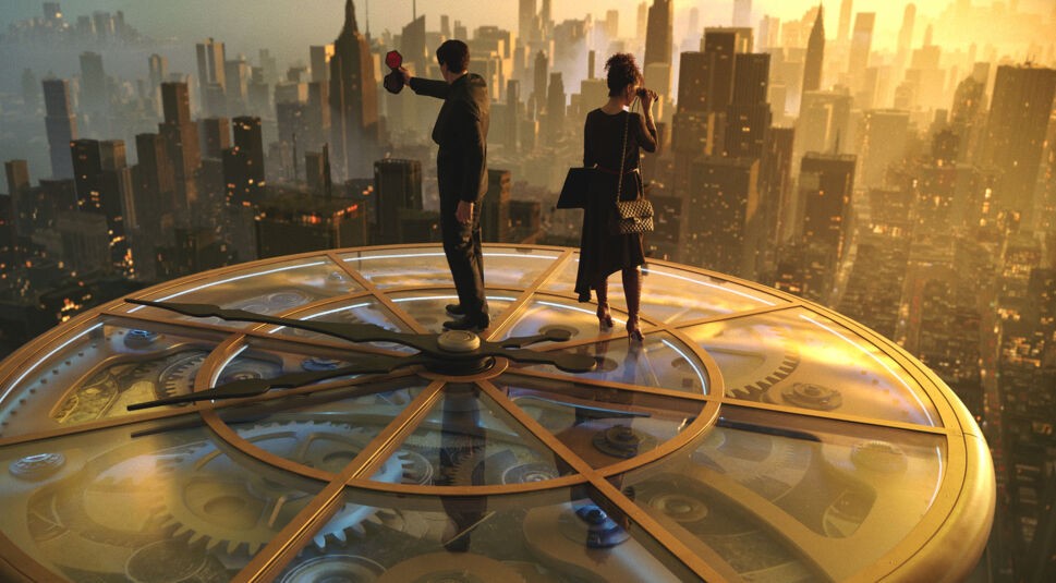 Auf dem Bild aus dem Film "Megalopolis" stehen Adam Driver (links) und Nathalie Emmanuel (rechts) auf einem riesigen Uhrwerk hoch über einer futuristischen Stadtlandschaft. Adam Driver hält ein rotes Objekt in die Luft, während Nathalie Emmanuel durch ein Fernglas die Umgebung beobachtet. Die Stadt im Hintergrund ist in warmes Licht getaucht und wirkt majestätisch und geheimnisvoll, was die epische Atmosphäre der Szene unterstreicht.