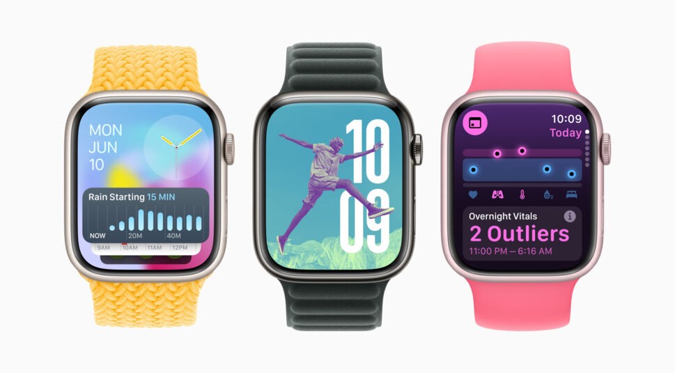 Drei Apple Watches mit dem neuen watchOS 11.
