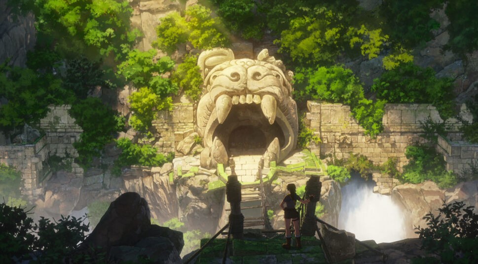 Auf dem Bild aus Tomb Raider: The Legend of Lara Croft steht Lara Croft vor einem antiken, monumentalen Tempel in Form eines Tierkopfes mit weit aufgerissenem Maul. Umgeben von üppiger Vegetation und alten Ruinen führt eine wackelige Brücke über einen Wasserfall zum Eingang. Die Szene vermittelt ein Gefühl von Abenteuer und Geheimnis, während Lara die Umgebung erkundet.