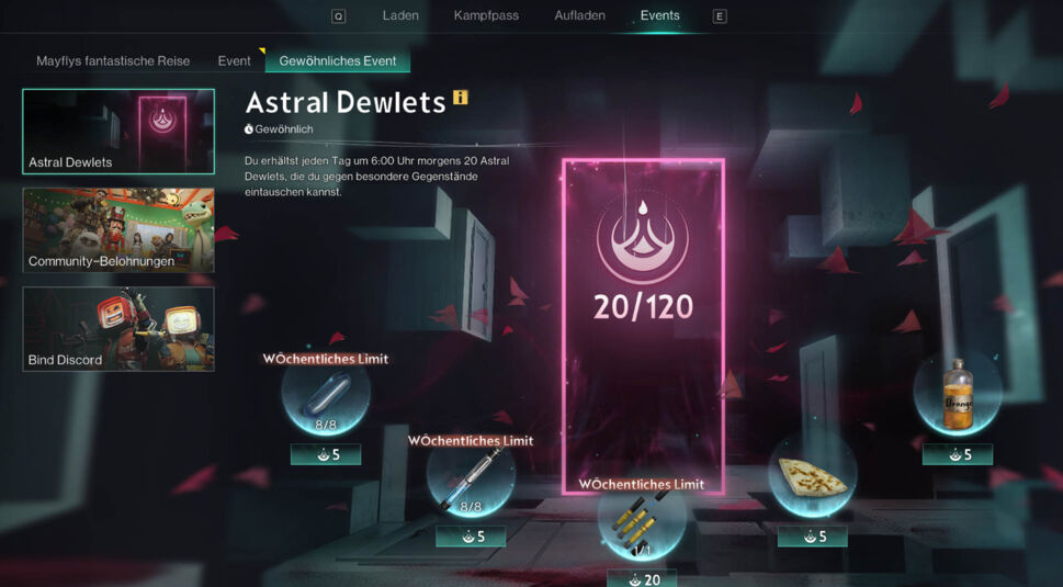 Übersichtsmenü des täglichen Logins