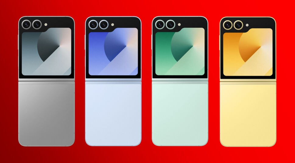 Die vier verschiedenen Farbvarianten des neuen Samsung Galaxy Z Flip6 sind nebeneinander vor rotem Hintergrund aufgereiht. Von links nach rechts: Silver Shadow, Blue, Mint und Yellow. Die Geräte sind jeweils von hinten zu sehen.