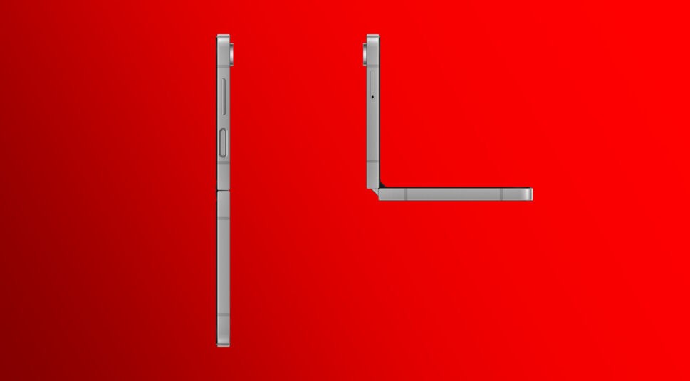 Das Samsung Galaxy Z Flip ist in zwei Ansichten von der Seite erkenntlicht. Einmal komplett ausgeklappt auf der linken Seite und einmal im 90-Grad-Winkel auf der rechten Seite.